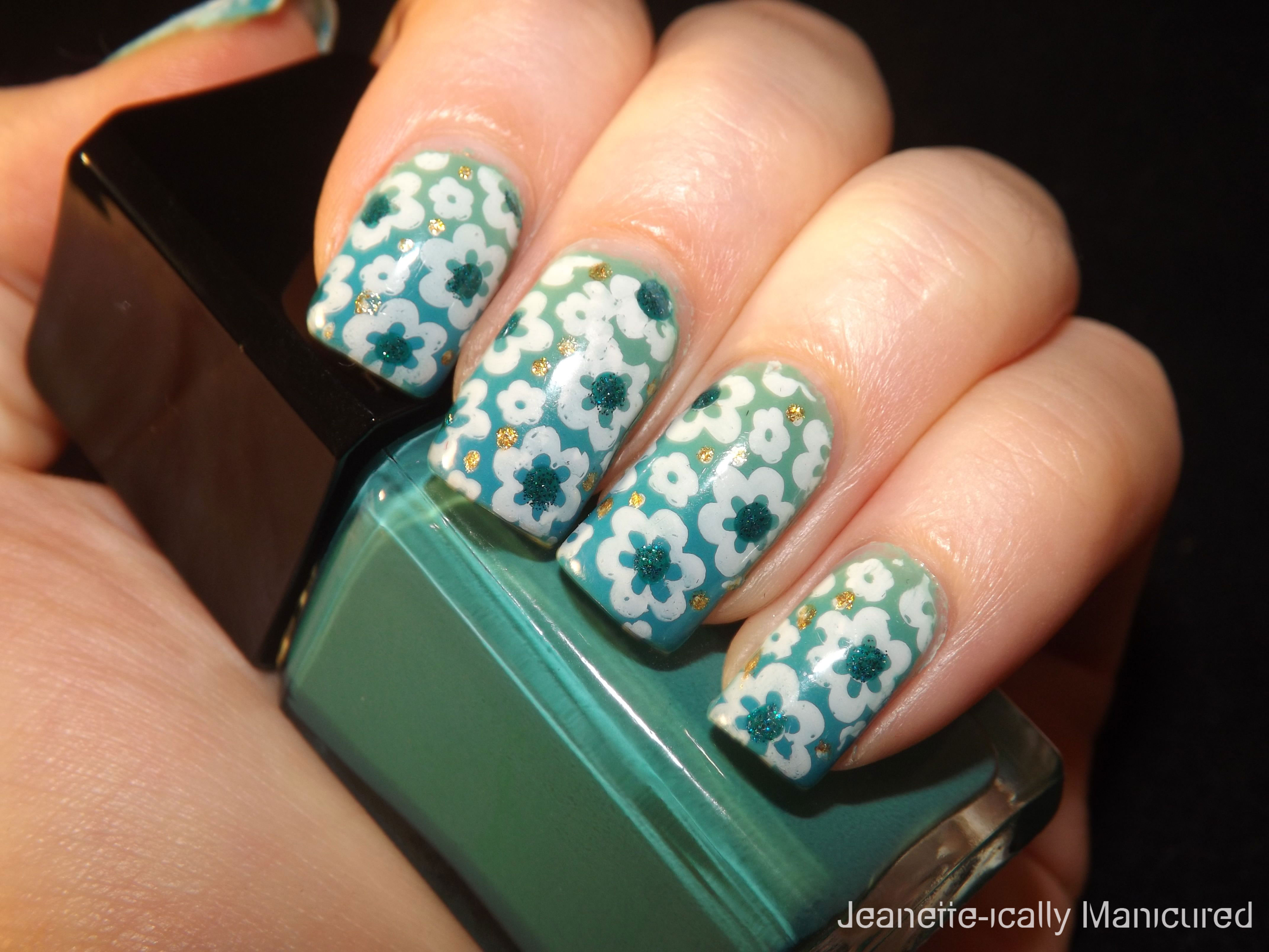 Teal gradient with floral stamping