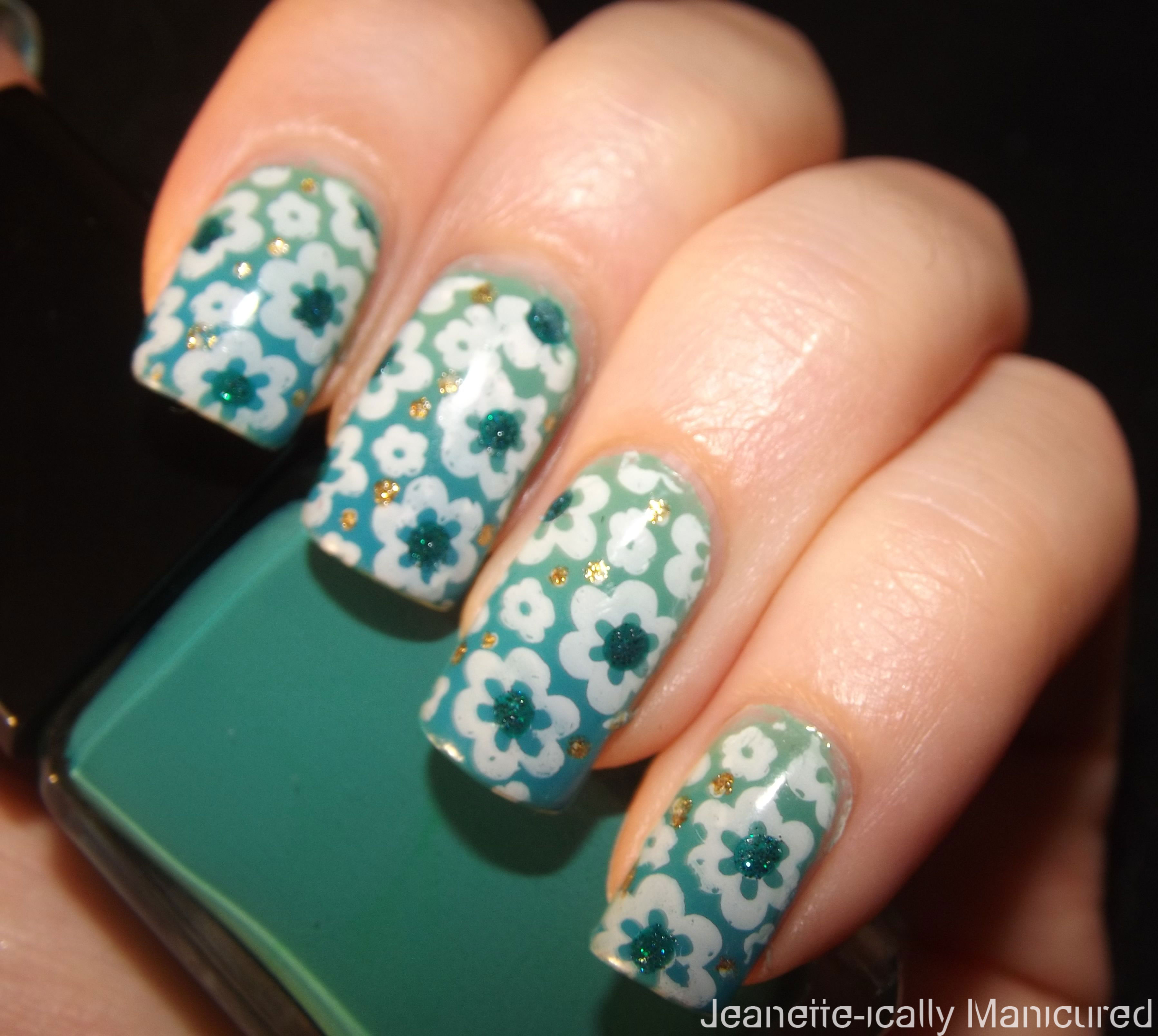 Teal gradient with floral stamping